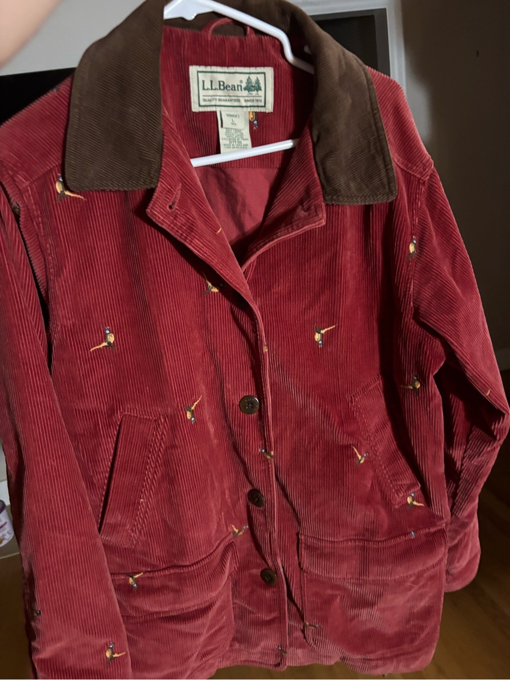 LL Bean Women's Red Corduroy with Embroidered Pheasants Jacket Size Large